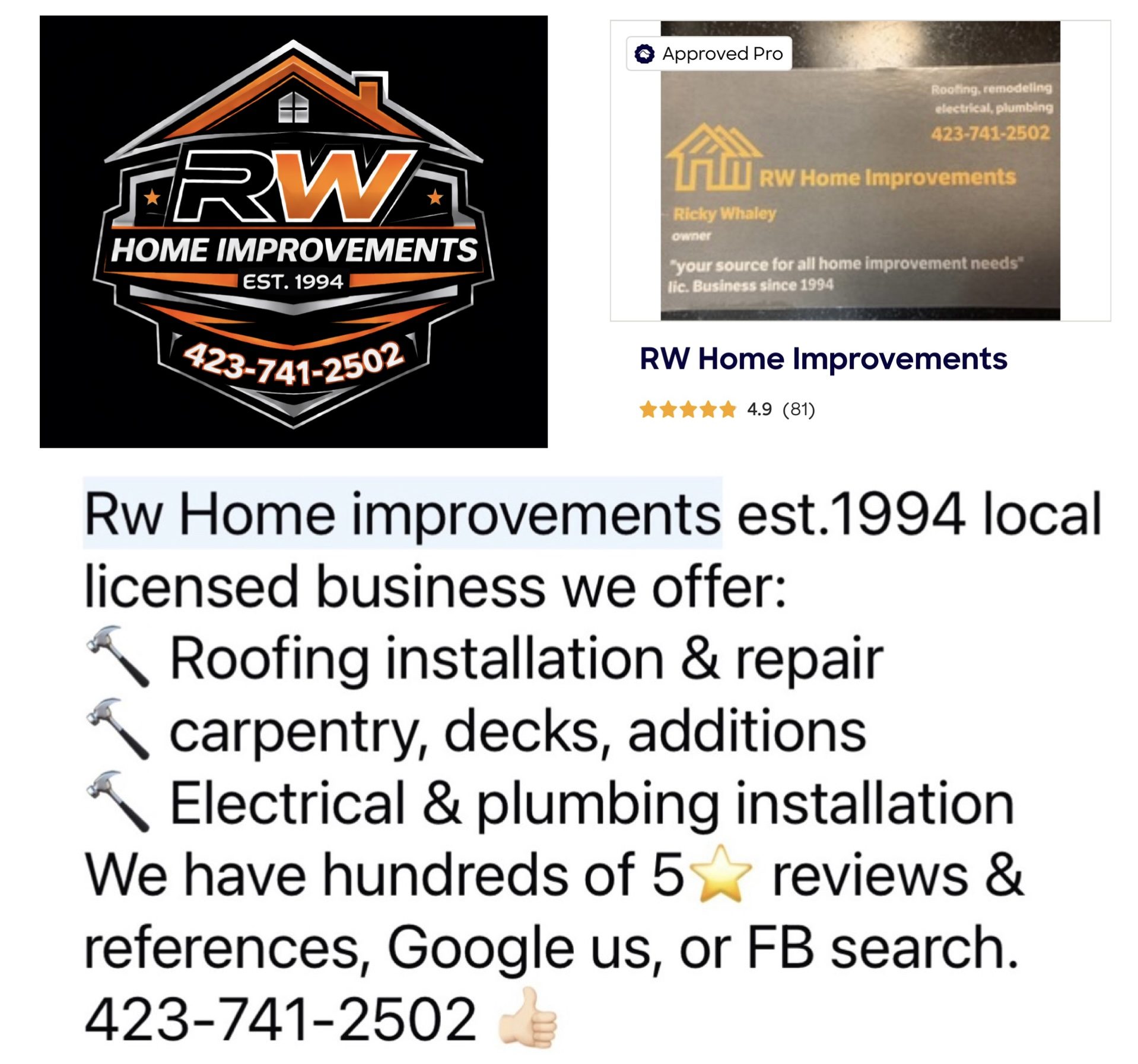 RW Home Improvements 423-741-2502